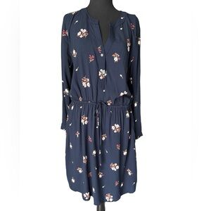 LOFT Navy Floral Long Sleeve Drawstring Waist Dress